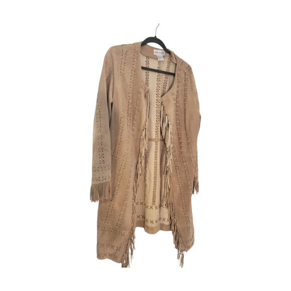 Newport News Tan Genuine Suede Fringe Coat Jacket Duster Western Boho sz 1X - Picture 2 of 16